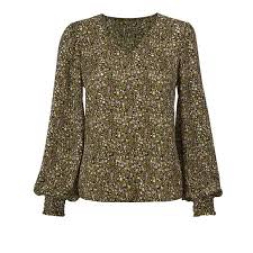 CAbi Brown Long Sleeve Ruffled Blouse with V-Neckline - Picture 2 of 8